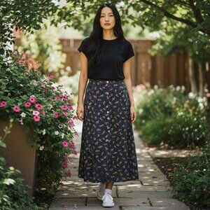 Eddie Bauer Womens Size 8 Petite Black Floral Button Front Straight Midi Skirt